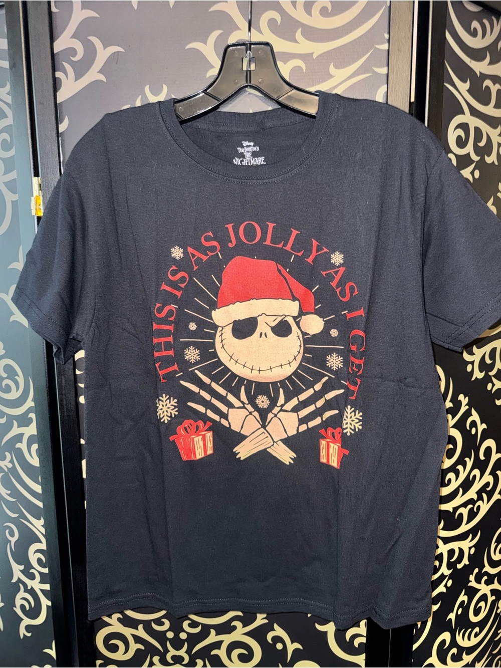 Disney Black Tee with Red Santa Hat Jack Skellington Graphic